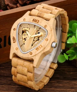Men's Automatic Mechanical Watches Triangle Dial Natural Stylish Bamboo /Zebrawood Wooden Bracelet Watchband Male Wristwatches