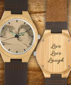 Custom Engraved Wooden Photo Watch Brown Cow Leather Strap