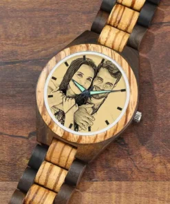Men's Engraved Wooden Photo Watch Wooden Strap 45mm