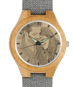 Women's Engraved Bamboo Photo Watch Grey Leather Strap 40mm