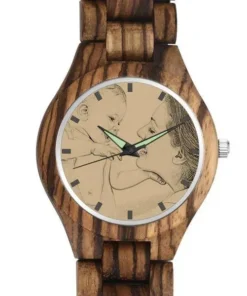 Men's Engraved Wooden Photo Watch Wooden Strap 45mm