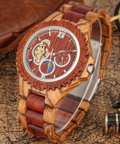 Wooden Automatic Men Watch Full Wooden Bracelet Wristwatch Folding Clasp Watchband Stylish Mechanical Self-Winding Male Watches
