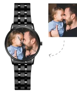 Engraved Men's Black Alloy Bracelet Photo Watch 38mm