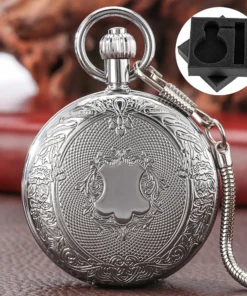 Classic Vintage Shield Design Copper Mechanical Pocket Watch Men Gift Box Fob Chain Pendant Antique Self Winding Clock Male
