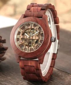 Luxury Red Wood Watch Mechanical Self Winding Wooden Watches Creative Unique Automatic Timepiece Men Watch reloj masculino