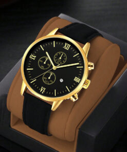 1pc Men's Black Pu Strap Gold Dial Calendar Fashion Quartz Watch
