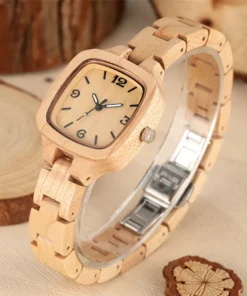 Luxury Maple Wood Ladies Watch Square Dial Full Wooden Bangle Wrist Watches Creative Timepiece Gifts for Girlfriend/Wife