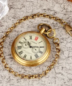 Brass Mechanical Hand Winding Pocket Watch Men Roman Numerals 5 Hands Display Open Face London Antique Style Manual Pocket Clock