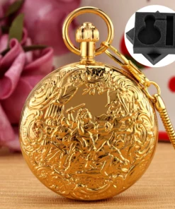 Double Sides Open Cover Gold Copper Automatic Mechanical Men's Pocket Watch Fighter Design Fob Chain Antique Clock Male Gift Box