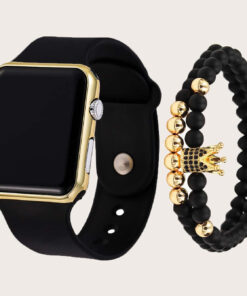 1pc Black Plastic Strap Fashionable Square Dial Electronic Watch & 2pcs Bracelet, For Daily Life
