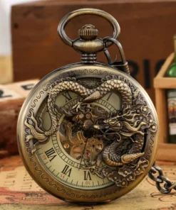 Bronze Hollow Dragon Display Half Hunter Mechanical Pocket Watch Cool Antique Pendant Manual Mechanism Pocket Clock Gift Male