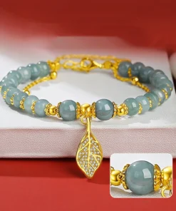 Golden Branches and Jade Leaves Hetian Jade Bracelet Women's Light Luxury Antique Leaves Double-Layer Girlfriend Bead String