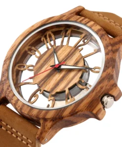 Transparent Hollow Arabic Numerals Display Men's Wood Watches Chic Fashion Male Quartz Genuine Leather Timepiece