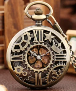 Bronze Hollow Crown Gear Star Mechanical Hand Winding Pocket Watch Fob Chain Pendant Pocket Clock Gifts Men Women