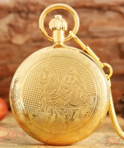 Gold Copper Double Horse Display Automatic Mechanical Pocket Watch Blue Pointers Luxury Pendant Self-Winding Antique Clock