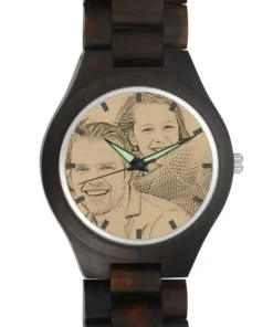 Men's Engraved Wooden Photo Watch All Black Ebony 45mm