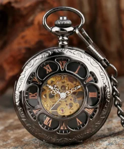 Transparent Hollow Pumpkin Mechanical Men's Pocket Watch Roman Numerals Dial Stainless Steel Skeleton Hand Winding Pocket Clock