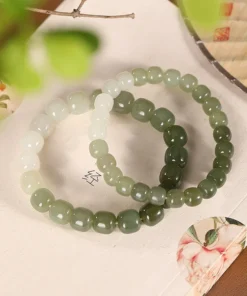 Natural Hetian Jade Green Jade Old Bead Bracelet Women's Jade Gradual Change Retro Simple Single-Circle Bracelet