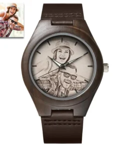 To My Husband - Custom Engraved Wooden Photo Watch Leather Strap 45mm