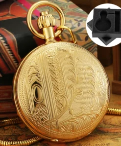 Golden Copper Mechanical Self-Wind Men's Pocket Watch Antique Gift Roman Numerals Dial Fob Chain Automatic Pendant Timepiece