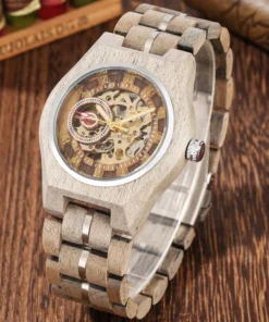 Stylish Retro Wooden Automatic Mechanical Men Watches Roman Numerals Display Stainless Steel Skeleton Self Winding Wristwatches
