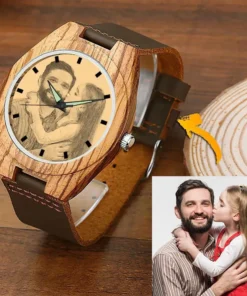 Men's Engraved Wooden Photo Watch Brown Leather Strap 45mm