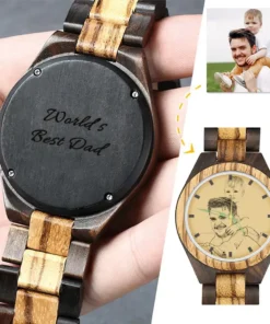 Men's Engraved Wooden Photo Watch Wooden Strap 45mm