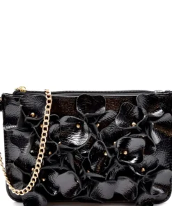 Studded Flower Accent Patent PU Leather Wristlet Cross Body Bag