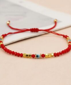 1pc Bohemian Style White Glass Evil Eye Bead & Crystal Beaded Adjustable Bracelet