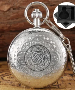 Men's Self-Wind Mechanical Pocket Watch Gift Box Luxury Silver Copper Flower Pattern Design Antique Style Gentlemen Pocket Clock