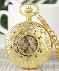 Luxury Gold Men's Mechanical Pocket Watch Roman Numerals Engraved Double Sides Cover Design Hand Winding Vintage Pocket Clock