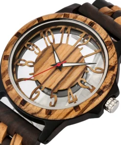 Chic Transparent Hollow Arabic Numerals Dial Quartz Wooden Men Watch Quartz Movement Vintage Natural Full Wooden Watch Band