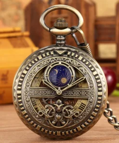 Roman Numerals Dial Men's Mechanical Hand Winding Pocket Watch Bronze Half Hunter Sun Moon Decorated Pocket Chain Pendant Clock