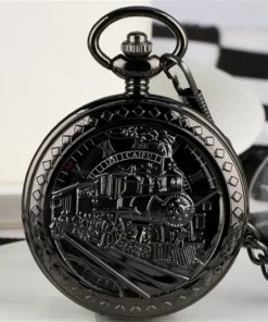 Exquisite Men Women Black Running Locomotive Pocket Watch Mechanical Skeleton Hand Wind Clock Antique Pendant