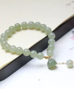 Hetian Jade Bracelet Single Ring 8mm Round Bead Women With Lotus Pendant Simple Charm Fashion Girlfriend DIY Gift Wholesale