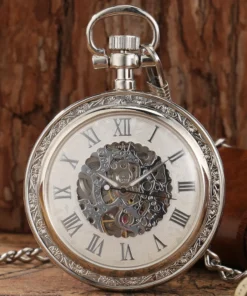 Luxury Vintage Roman Numerals Automatic Pocket Watch Men Fob Chain Mechanical Self Winding Open Face Chain Pendant Pocket Clock