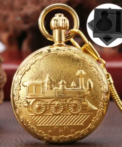 Gold Copper Steam Train Design Automatic Mechanical Men's Pocket Watch Gift Box Antique Steampunk Fpb Chain Pendant Timepiece