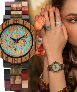 Full Wood Women Bracelet Watch Blue Lava Dial Mixed Color Wooden Watch Band Trend Lady Quartz Wristwatch Female Timepiece