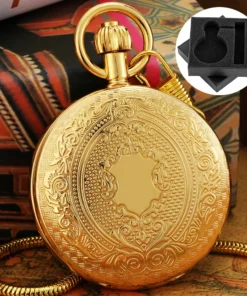 Stylish Blue Luminous Hands Gold Copper Men's Mechanical Pocket Watch Self Winding Movement Shield Pattern Full Hunter Timepiece