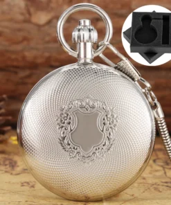 Antique Wedding Gifts Luxury Silver Copper Mechanical Self-Wind Men's Pocket Watch Fob Chain Gift Box Shield Pattern Timepiece