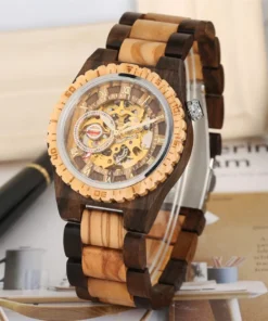 Luxury Men's Watch Automatic Mechanical Wooden Watch Roman Numerals Display Wood Bangle Wristwatch Creative Male Timepiece reloj