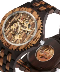 Full Wooden Automatic Men Watches Gold Analog Arabic Numerals Display Wood Bracelet Wristband Self-Winding Male Wristwatch