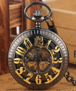 Retro Black Men's Self Winding Mechanical Pocket Watch Hollow Gold Arabic Numerals Design Antique Pendant Watch Pocket Chain