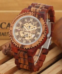 Luxury Wood Watch Mechanical Self-Wind Men's Watches High Quality Wooden Bangle Watchband Roman Numerals Display Automatic Clock