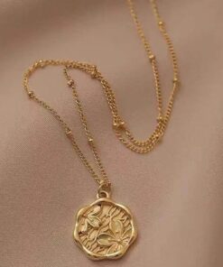 1pc Round Plate Peach Blossom Imprint Pendant Necklace Non-Fading