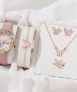 6pcs/Set Women's Leather Strap Quartz Watch, Butterfly & Star Necklace & Bracelet, Ring, And Earrings